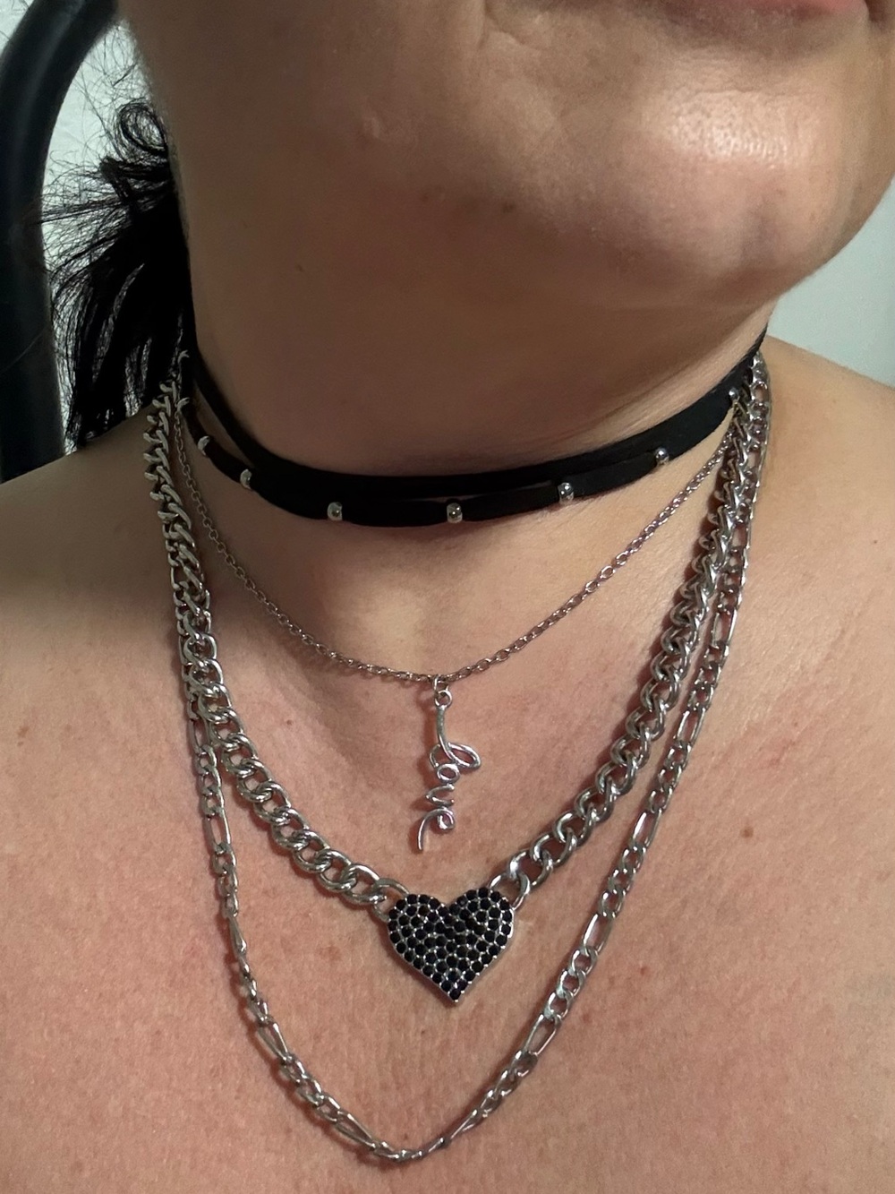 Layered Black faux Suede choker & love Silver Multi-Strand Necklace